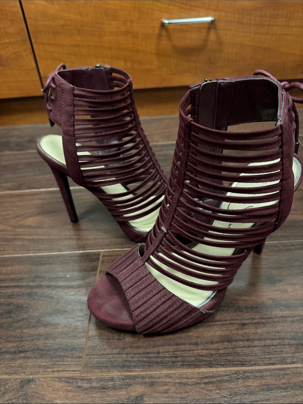 Jessica Simpson Wine Strappy Cage Stiletto Heels